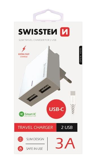 SWISSTEN Sieťový adaptér SMART IC, CE 2x USB, 3 A, biely (22043000)